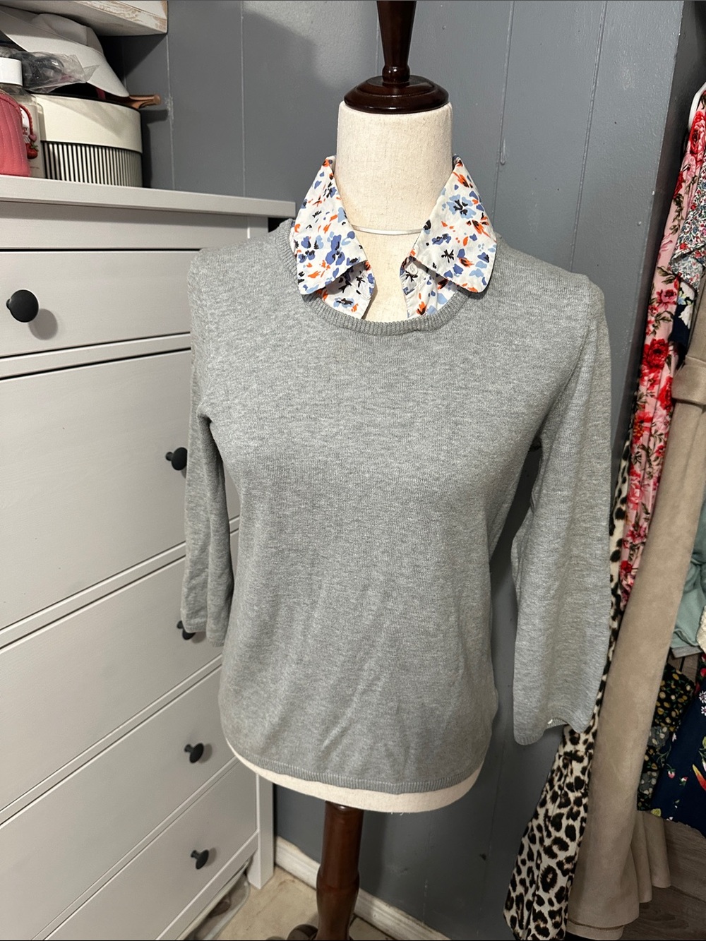Liz Claiborne Cream Top with Blue and Orange Floral Accents